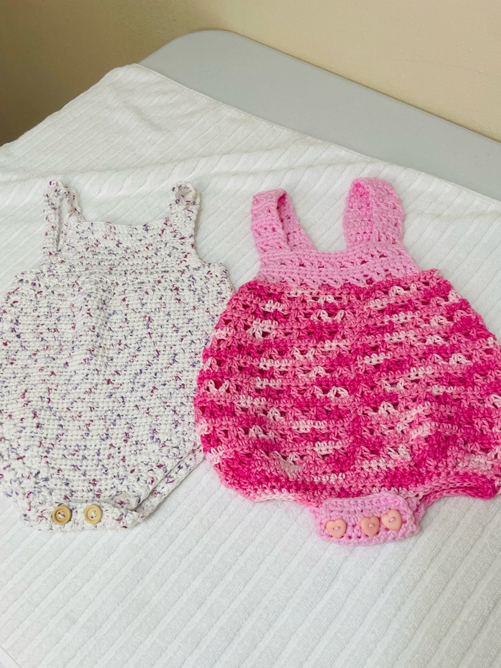Handmade 2 Baby Crochet Rompers - Pink & Speckled Cream. 6M, NEW